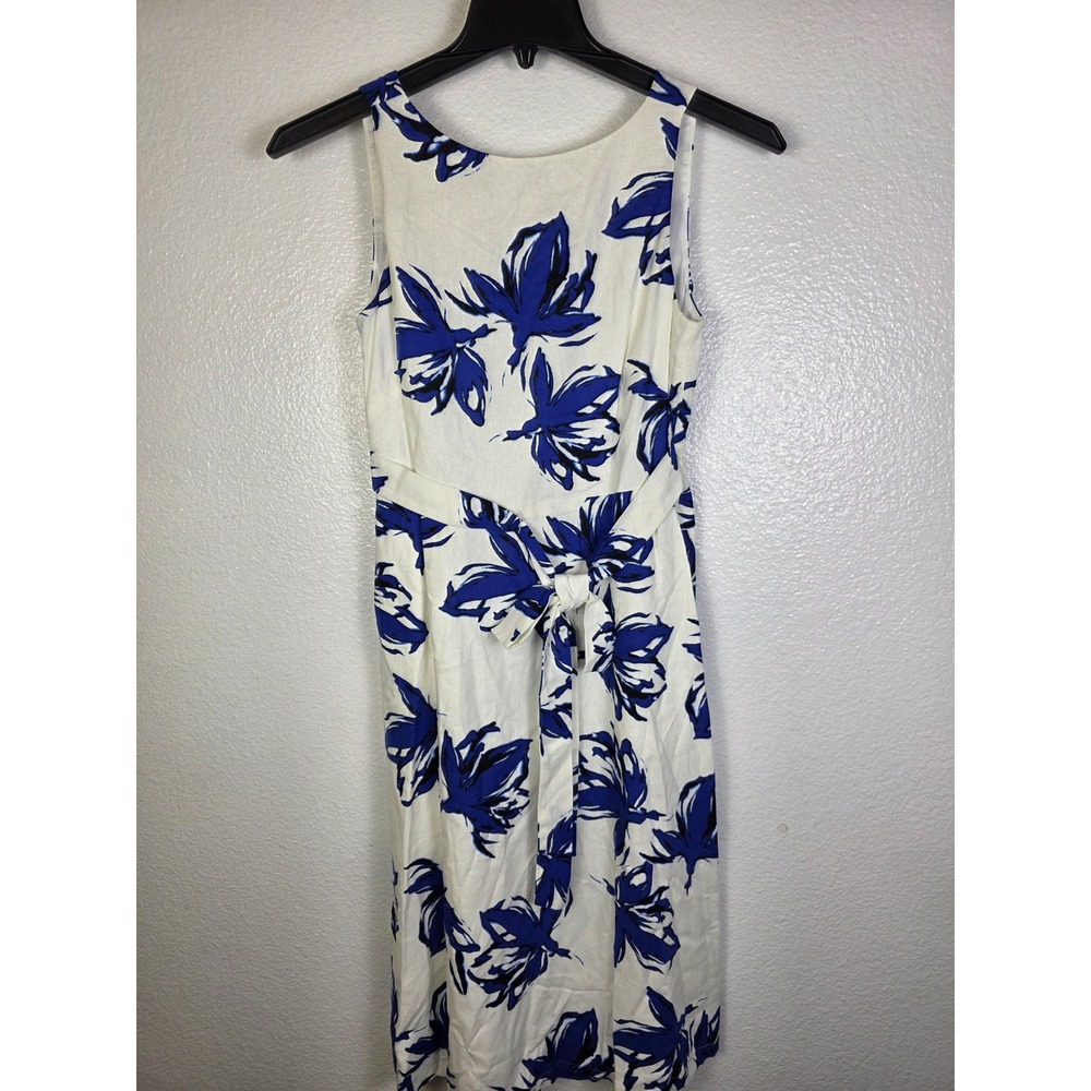 Anne Klein Santorini Blue Floral‎ Linen Blend Midi Dress V-Back Women's size 0